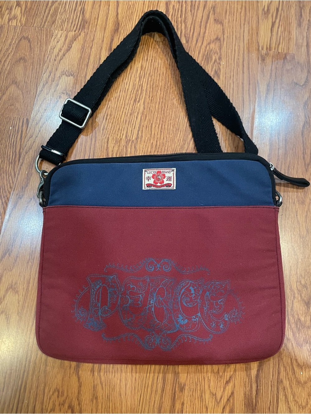Lucky Brand Navy and Burgundy Canvas Messenger Bag